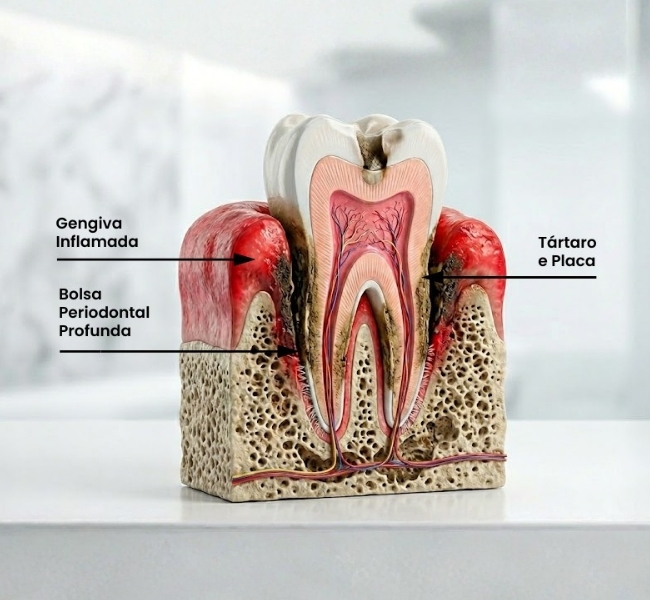 Modelo educativo de dente com estrutura periodontal mostrando gengiva inflamada, bolsa periodontal e tártaro