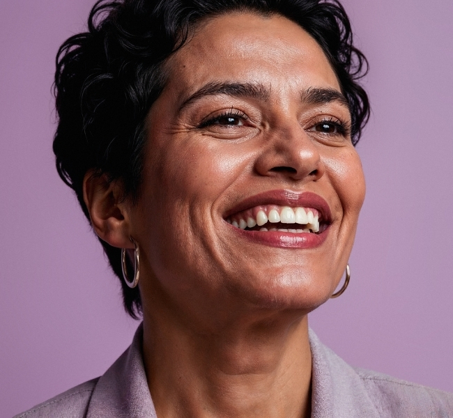Mulher sorrindo com confiança demonstrando melhora de autoestima